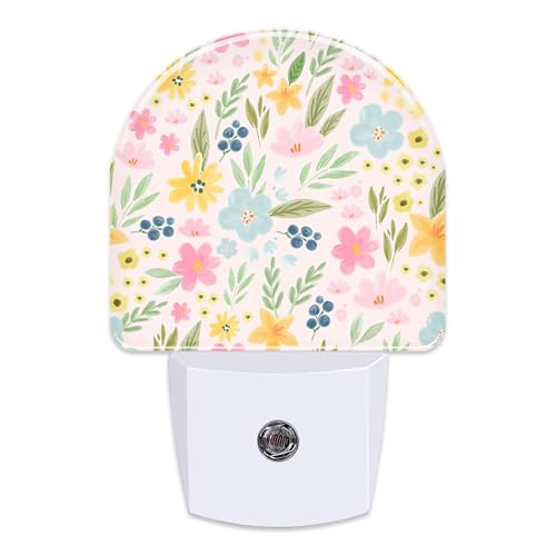 Image of Watercolor Spring Flowers Night Light for Kids,Pink Botanical Leaves Floral Night Light Plug in with Dusk to Dawn Sensor,0.5w Energy Saving Nightlight for Hallway Stairway Kitchen Bedroom