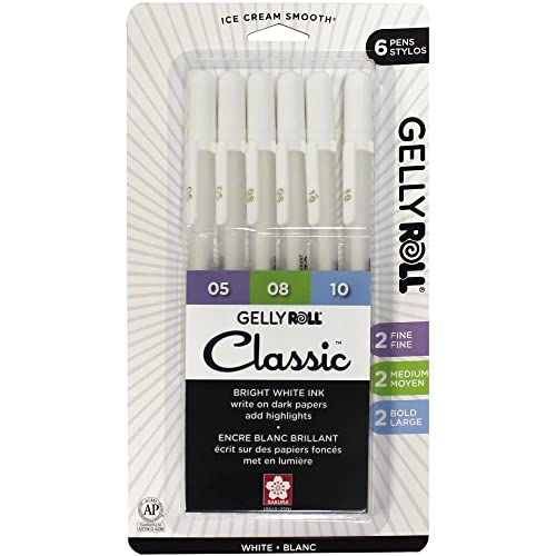 Sakura Gelly Roll Gel Pens - Fine, Medium & Bold Tip Ink Pens for Journaling, Art, or Drawing - Classic White Ink - 05/08/10 Assorted Tip Sizes - 6 Pack