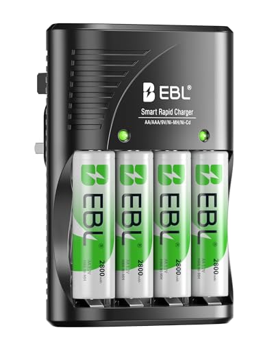 EBL AA Rechargeable Batteries 2800mAh 4-Pack and Smart Battery Charger with AC Wall Plug for AA AAA Ni-MH Ni-CD Rechargeable Batteries and 9V Batteries