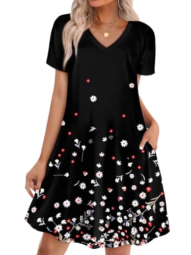 WIHOLL Dresses for Women 2025 Elegant Classy Wedding Guest Fall Summer Outfits Travel Cruise Graduation Cocktail Party Casual V Neck Short Sleeve Swing Swing Sun Dress Black Floral XL