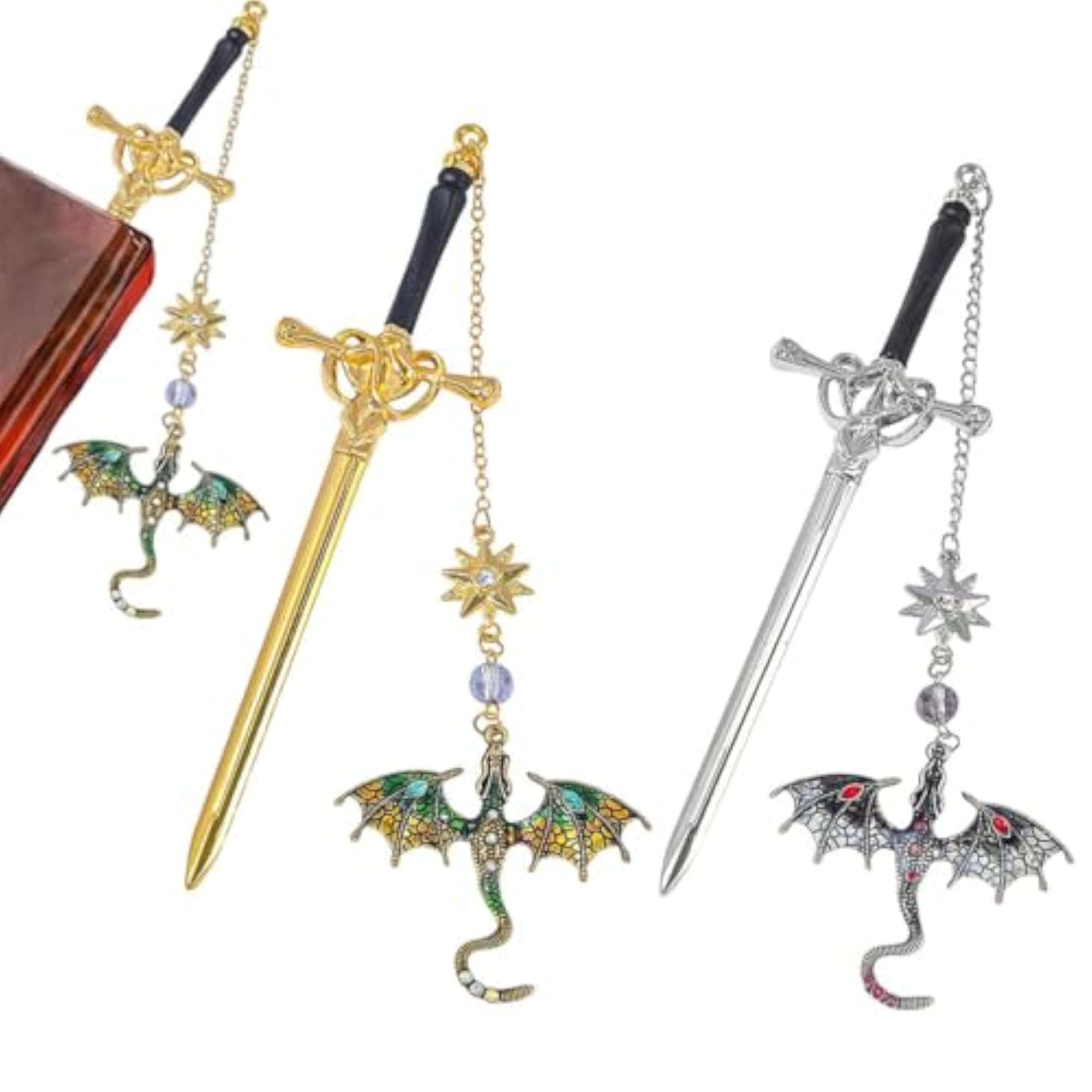 2 marcapáginas de dragón, marcapáginas de espada de metal, marcapáginas de fantasía con colgante de metal, regalo único para mujeres y hombres.