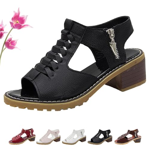 Funfany Peep Toe Cutout Zipper Chunky Heeled Sandals, Womens Comfy Orthotic Sandals, Thick Sole Wedge