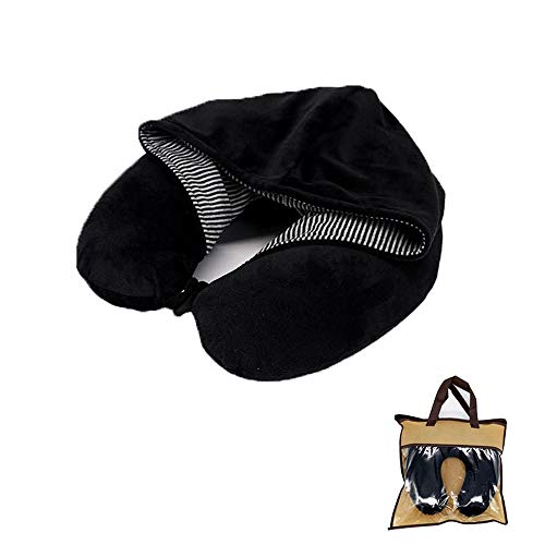 Sanqing Almohada en Forma de U, cojín de Cuello de Viaje con Sombrero, Transpirable Super Suave y cómoda Memoria de algodón de la Cintura Pad del sueño de la Familia,Black
