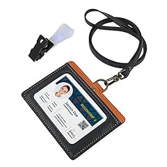 ネームホルダー 牛本革 IDカードホルダー 両面用 横型 社員証・名札・定期入れ・パスケース ネックストラップ 2ポケット (黒+黄)