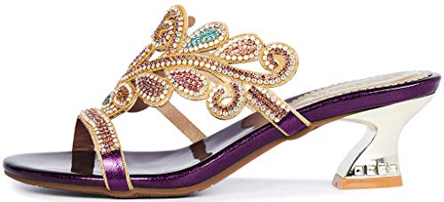 Yooprettyz Women Round Toe Leaf Leather Heeled Sandal Slip On Dress Low Heels Purple 7 #TOP1