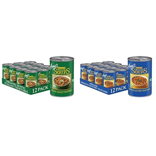 Amy’s Vegan Soup Bundle, Gluten Free, Organic: 12 Rustic Italian Vegetable (Mushrooms, Brown Rice & Beans, 14 oz) + 12 Hearty French Country Vegetable (Organic Rice & Herbs, 14.4 oz), 24 Cans Total