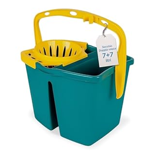 Tomaino - Secchio Lavapavimenti Doppia Vasca in Plastica - Mocio Lavapavimenti 7 litri con Strizzatore - 2 Vasche per Acqua Pulita e Sporca - Secchio Mocio Professionale e Casalingo