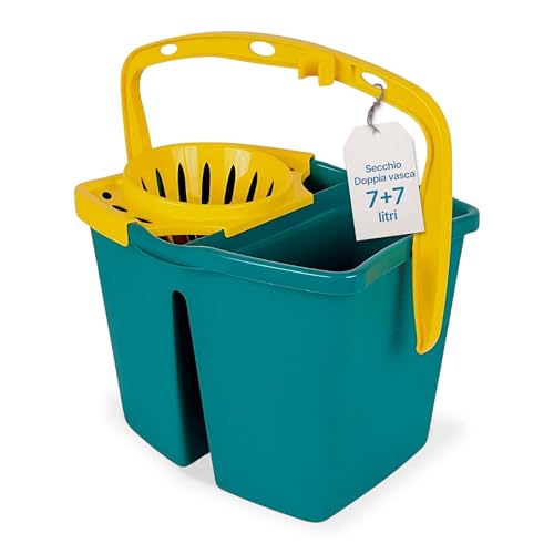 Tomaino - Secchio Lavapavimenti Doppia Vasca in Plastica - Mocio Lavapavimenti 7 litri con Strizzatore - 2 Vasche per Acqua Pulita e Sporca - Secchio Mocio Professionale e Casalingo