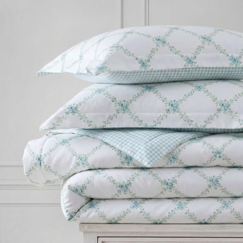 Image of Martha Stewart - Twin /Twin XL Comforter Set, 100% Cotton Bedding with Shams, Soft and Breathable, Lightweight All-Season Comforter, Reversible Design, Romantic Trellis Blue