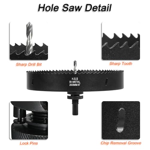 VIKITON 8 Inch Hole Saw with Arbor for Wood Metal Plastic, 8 in Bimetal Hole Cutter, Fast Chip Removal, Smooth Flat Drilling Edge, Lightweight & Portable (Black)