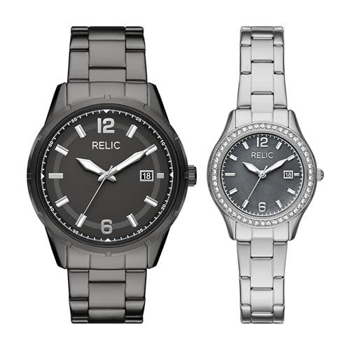 RELIC by Fossil Three-Hand Date Gunmetal & Silver-Tone Stainless Steel His and Hers Watch Gift Set...