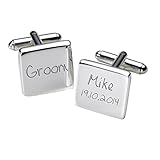 One cuff link is engraved "Groom", the other is engraved just for you with the Groom's Name and the Date of the Wedding.