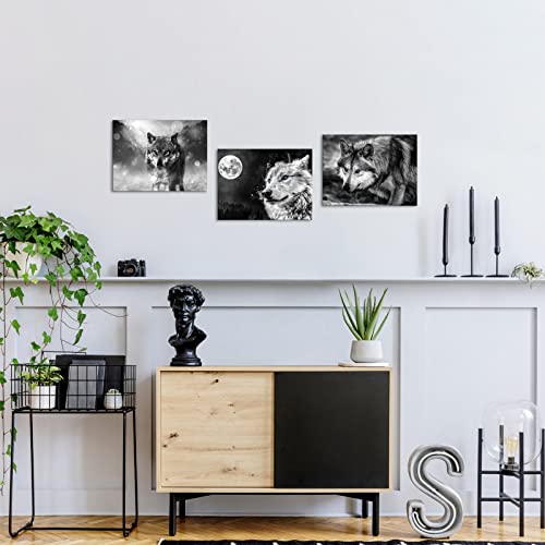 Ilooklike 3 Pieces Wild Animal Wall Art Black And White Wolf With Blue Eyes Pictures Prints On Canvas Wildlife Wolves Wall Decor Artwork Stretched And Frame For Kids Room Bedroom 12X16Inchx3Pcs #TOP2