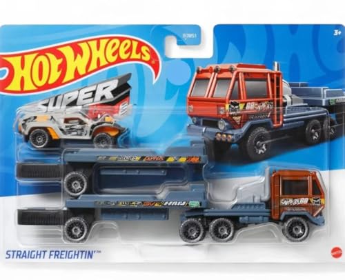 Image of Hot Wheels Straight Freightin Super Rigs Transporter Vehicle with One Car 1:64 Scale, Gift for Collectors & Kids Ages 3 Years Old & Up
