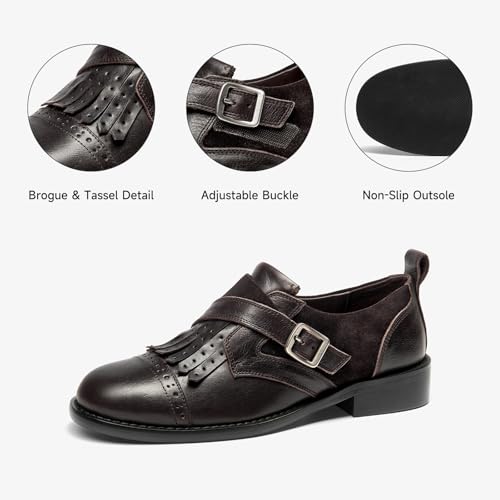 Image of BEAU TODAY Women's Leather Loafers, Wingtip Brogue Monk Strap Shoes | Genuine Leather, Round Toe, Low Heel, Metal Buckle, Non-Slip, Comfortable Business Casual Flats for Work and School