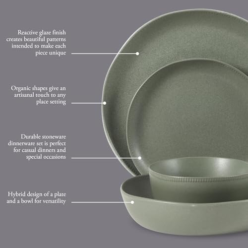 Image of Gibson Elite Menlo Park 16-Piece Pottery Clay Stoneware Dinnerware Set - Green Reactive Glaze, Organic Shape Embossed Plates and Bowls W /Pasta Bowl, Service for 4 - Microwave & Dishwasher Safe