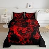 Feelyou Skull Comforter Full Size for Boys Men Bedroom Decor - 3D Skeleton Bones Print Bedding Set for Adults Teens - Personalized Gothic Style Soft Black Red With 2 Pillow Cases
