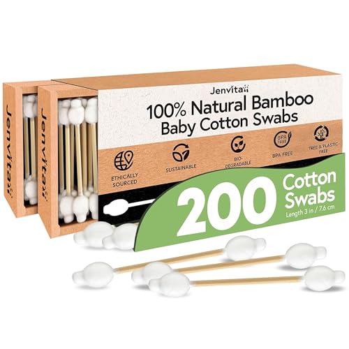 Jenvita 100% Bamboo Cotton Swabs for Ears (200-Pack) - Perfect for Baby & Personal Care | Double-Tipped Ear Swabs Cotton for Makeup & Cleaning | FSC Certified & Hypoallergenic, Made for All Ages & Pet