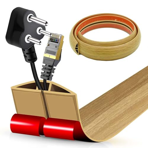 Flacher Kabelkanal Boden Selbstklebend | Flexible Kabelabdeckung für Deckenlampe & Boden | PVC Kabelschacht | Kabelmanagement in Büro & Wohnung (Weiße Eiche, 5cm x 1m)