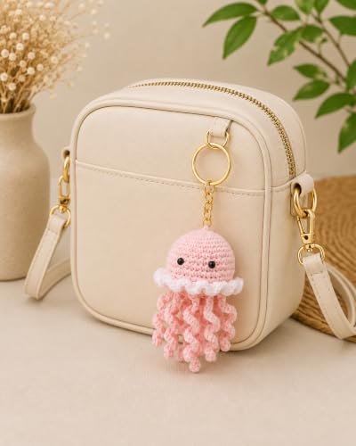 Image of Handmade Crochet Keychain | Cute Knitted Key Ring Charm | Crochet Animal, Fruit, Flower, Evil Eye & Food Plush Keychain for Car Keys, Backpack, Handbag & Gift (Pack of 1) (Jellyfish)