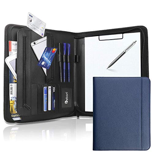 Vebon® Porte Documents A4 Grand Format New York I Cuir végétalien, Fermeture Éclair + Pince I Conférencier + Sacoche pour Ordinateur Portable I Rangement supplémentaire I Bleu Saphir Cover