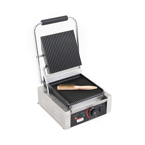 Ristoattrezzature - Piastra Panini Elettrica Singola - Rigata/Rigata - Griglia Professionale per Ristoranti e Bar - 31x37x21 cm - 1.8 kw