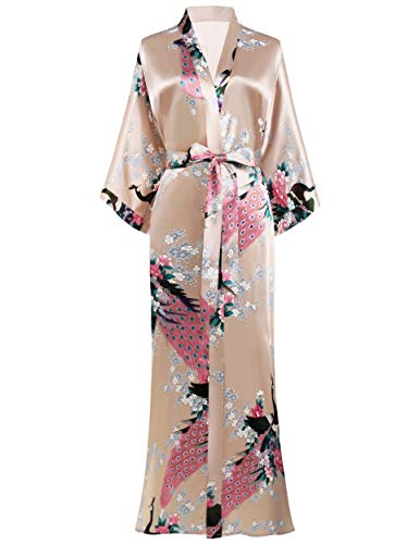 BABEYOND Women's Kimono Robe Long Robes with Peacock and Blossoms Printed Kimono Nightgown