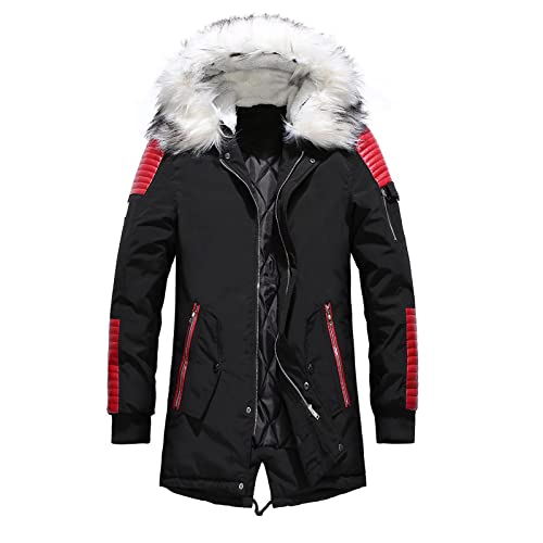 MEYOCEYO Winterparka Herren Warme Winterjacke Lang Outdoor Verdickt Baumwolle Hooded Wintermantel Mit Kunstpelz Fellkapuze Schwarz-Rote 3XL Cover
