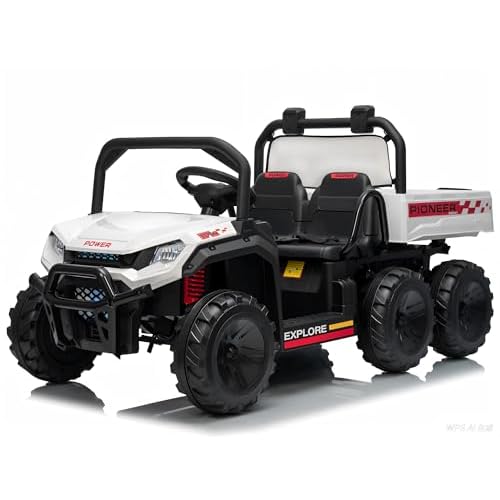 Hetoy 24V Ride on Toys, 2 Seater Dump Truck Car for Kids 4-8, 4WD Electric Tractor with Remote Control, Dump Bed, 3 Speed Modes, Music Player, White