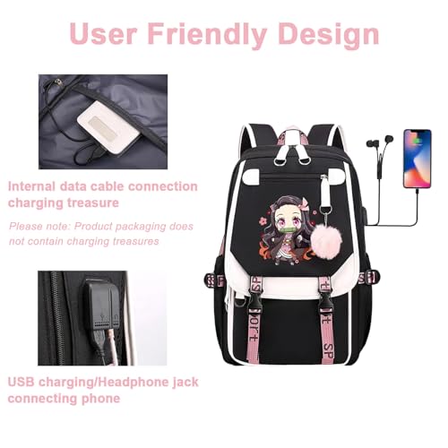 Suteke Mochila anime para laptop, mochila feminina universitária, com porta USB, resistente à água,