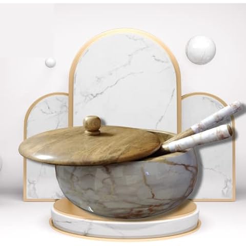 Handcrafted Wooden Bowl with lid and Set of Serving Spoons in Marble Print Cover