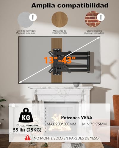 Miniatura 4 de Whyfone Soporte Tv Pared Con 1036mm Brazo Articulado Para Pantallas Planas Y Curvas De 13-43 Pulgadas, Soporte Pared Tv Inclinable Y Giratorio Con 180 Rotación De Movimiento Completo, Vesa 200x200mm