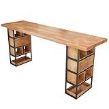 Massivholz-Industrietisch, rechteckiger Stehtisch mit Stauraum, Esstisch, Couchtisch für Wohnzimmer, Café, Küche, Wand, Balkon, Fenster, ohne Stühle