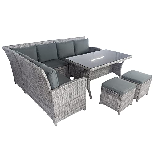 Goohome 6 Pieces Patio, Weather Rattan Wicker Conversation, Sectional Outdoor Furniture Cushioned Sofa Set W/Dining Table And Chair, 2 Storage Under Seat, For Backyard, Lawn, D-Gray+Gray #TOP3