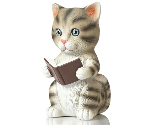 BOIHEGU 5 Inch Grey Literary Cat Statue for Bookshelf Decor, Cute Bookworms Gifts Reading Cat Figurine for Book Lovers Cat Lovers Home Office Study Room