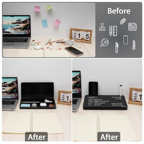 Varhomax Kleines Schreibtisch-Whiteboard aus Glas mit Trockenabwischfunktion, Desktop-Whiteboard mit Aufbewahrung, To-Do-Liste, Notizblock, Schreibtisch-Begleiter und Tastaturständer (schwarz)