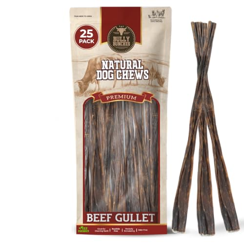 Bully Bunches All Natural 12 Inch Beef Jerky Sticks – Soft and Crunchy Gullet Chews - Odor Free, Rawhide Free, Chemical Free – Safe, Healthy and Nutritious Dog Treats for Light Chewers, 25 Pk