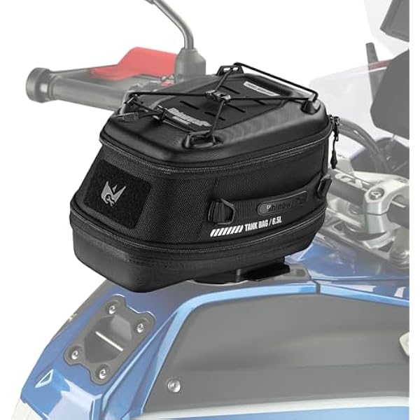 Rhinowalk Torba na zbiornik motocyklowy, 5 l - 6,5 l, z mocnym magnetycznym zapięciem magnetycznym, z osłoną przeciwdeszczową, pasuje do Harley Davidson, Indian, Honda, Yamaha, Suzuki i innych, czarna