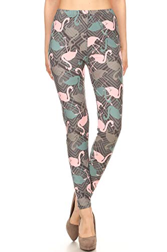 Leggings Depot High Waisted Checkered & Animal Print Leggings For Women-Full Length-R826, Flamingo Mode, 1X3X #TOP1