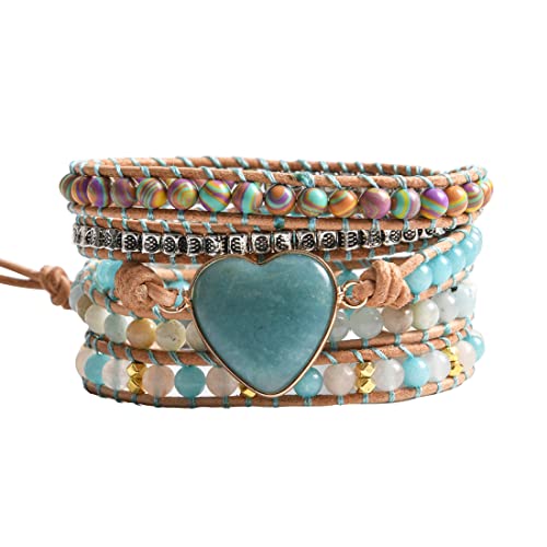 Nuzujx Healing Natural Heart Amazonite Gemstone Bracelet Meditation Energy Spiritual Protection Mental Health Balance 5 Strands Handmade Leather Wrap Handmade Bracelet #TOP10