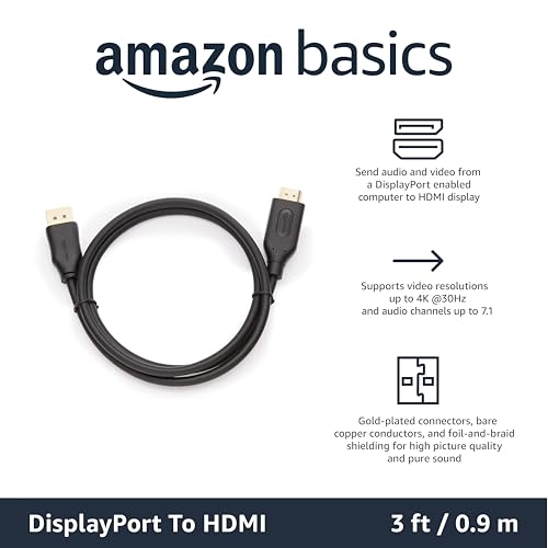 Image of Amazon Basics DisplayPort to HDMI Cable, Uni-Directional, Gold-Plated, Video and Audio, 3 Foot, Black