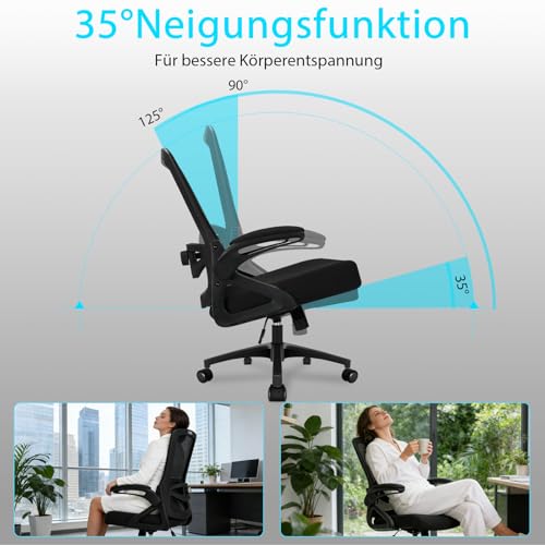 Milacyee Bürostuhl Ergonomisch, Schreibtischstuhl mit Verstellbarer 4D Lendenwirbelstütze, Drehstuhl mit Klappbare Armlehnen, Computerstuhl mit 90°-125° Liegefunktion, Netzstuhl bis 130KG, Schwarz