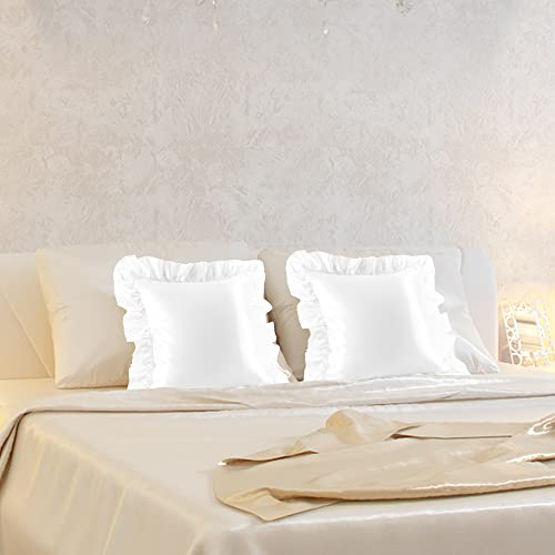 PiccoCasa 2er Set Kissenbezug Satin Kissenbezüge mit Romantischen Rüschen Kopfkissenbezug Uni Glatt Glänzend Kissenhülle mit Hotelverschluss Weiß 40×40cm - Image 4