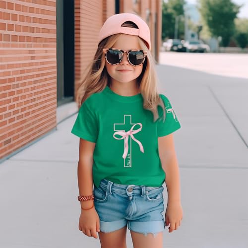 Image of Girls Cute Christian Shirts Kids Pink Bow Shirt Jesus God Faith Tshirts Aesthetic Cross Bible Verse Graphic Tee Tops