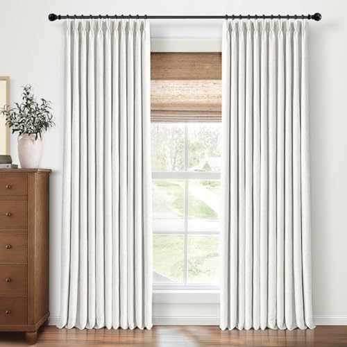 Pinch Pleated Blackout Curtains 105 Inches Long, Linen Blend, 100% Blackout Drapes with 20 Hooks, Ideal for Bedroom and Living Room, 40" W x 105" L (Pack of 2), Neutral White
