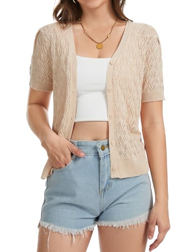 Short Sleeve Crochet Summer Cardigan Lightweight Open Front Cropped Button Up Sweater V Neck Hollow Out Beach Tops Apricot 2XL