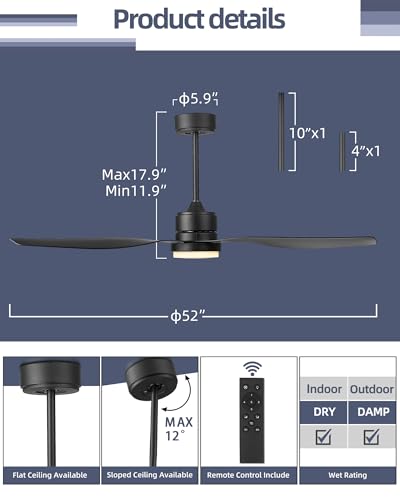 Image of YOUKAIN 52-Inch Indoor Outdoor Ceiling Fan with Lights, Remote, Matte Black