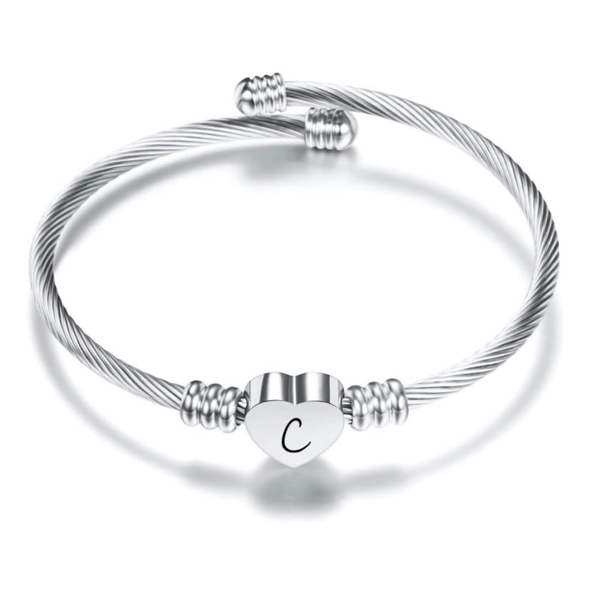 Suonie Silver Love Heart 26 Initial Letter Alphabet A-Z Bracelet Jewelry Adjustable Gift For Daughter Son Sisters Friends Mother Colleague Lover Birthday Christmas