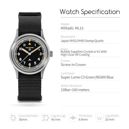 Image of TACTICAL FROG Militado 36mm Field Watch VH31 Japan Movt with Sweep Seconds Military Style Men's Watch with Nylon Strap, 100M Waterproof - ML13 /ML14 Series