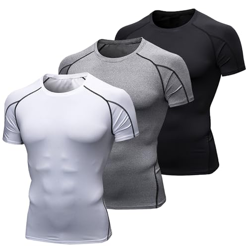 YUSHOW 3 Pack Tee Shirt Compression Homme Manches Courtes Sport Tshirt
